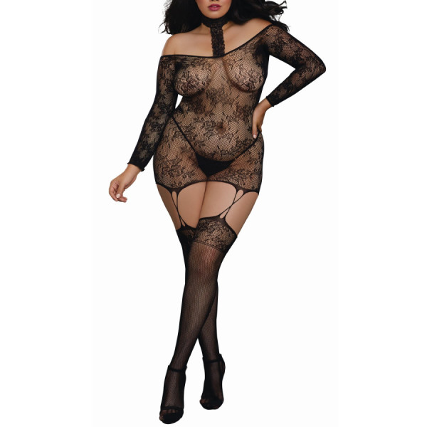 Bodystocking résille guêpière grande taille réversible avec tour de cou 